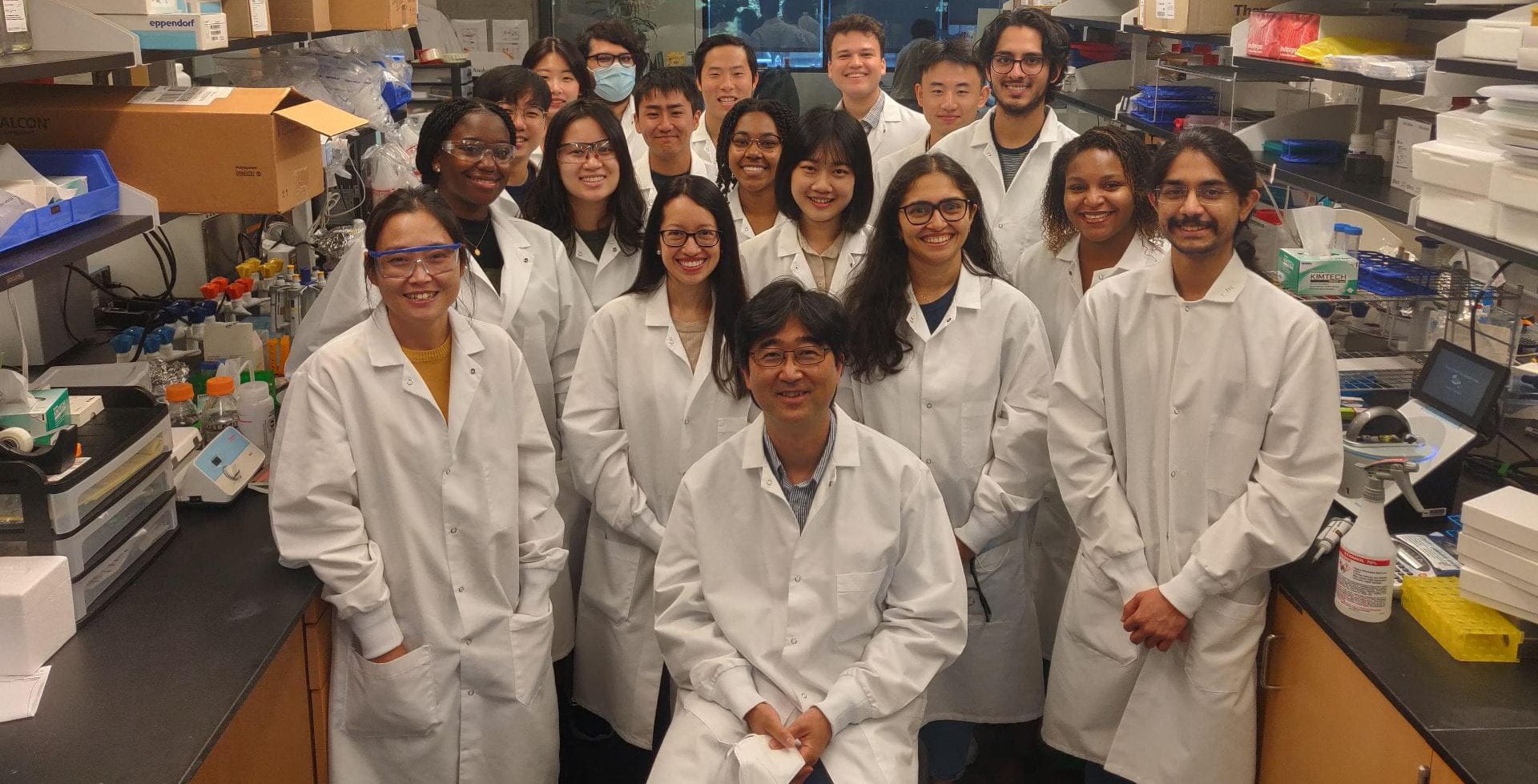 Research scientists are pictured as a group in the Takayama Lab, housed in the Wallace H. Coulter Department of Biomedical Engineering.