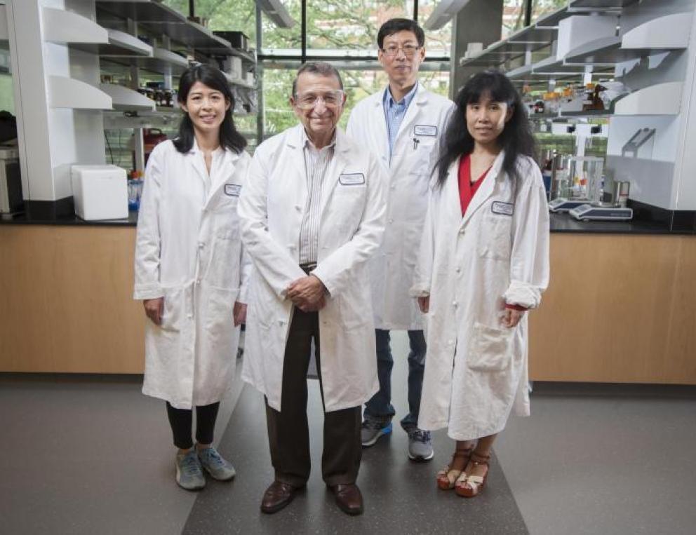 Georgia Tech's Regents Professor Mostafa El-Sayed (front) is one of the most highly decorated and cited living chemists. With his team for this research from left to right- Yue Wu, Professor Ronghu Wu, and Yan Tang.jpg