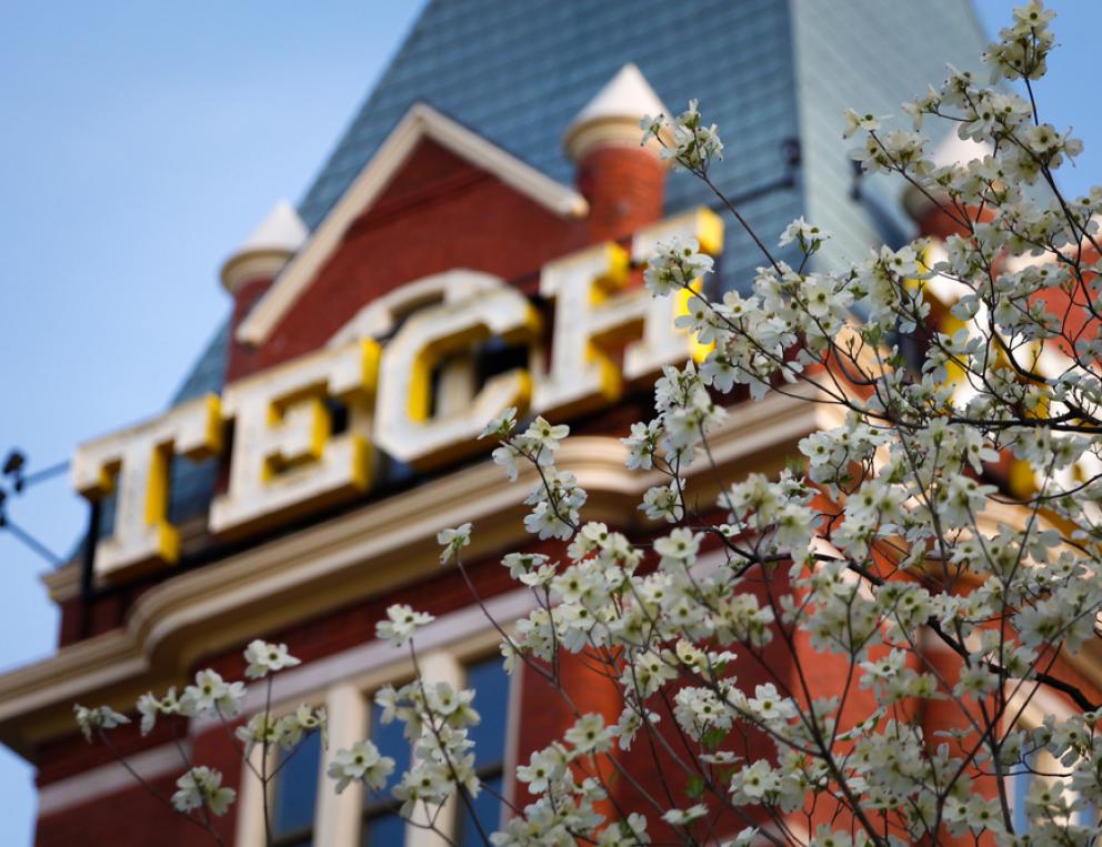 A photo of Tech Tower with flowers blooming in front.