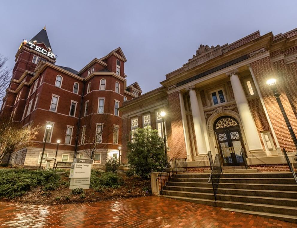 Tech Tower and the heart of campus at night.